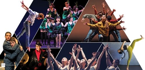 Collage of images of music, theatre, and dance students performing