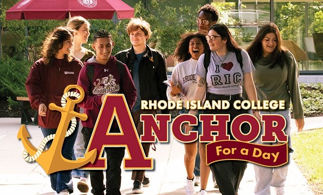 Anchor for a Day event promotional graphic, featuring students in RIC gear walking on the quad in the sun