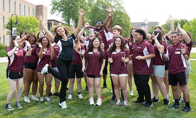 Orientation leaders cheering on the quad