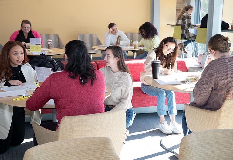 Students working in Gaige Hall lobby