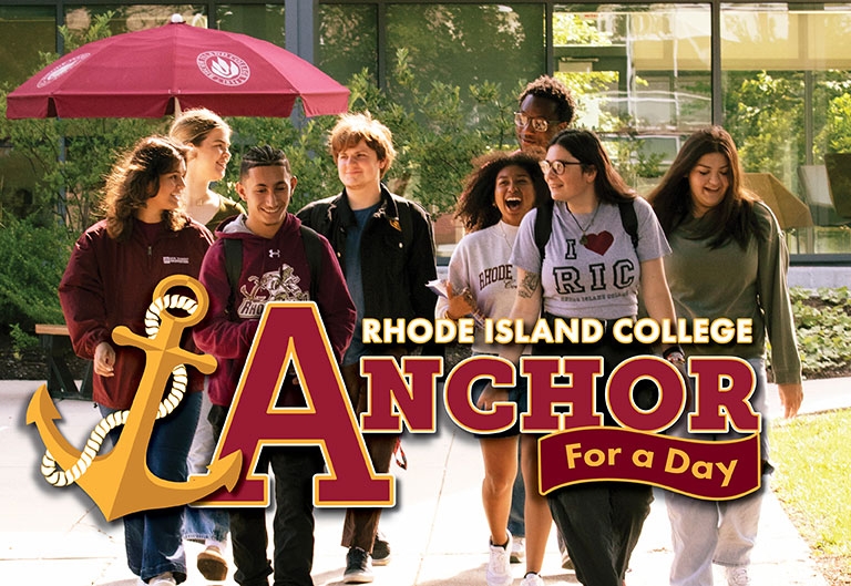 Anchor for a Day event promotional graphic, featuring students in RIC gear walking on the quad in the sun