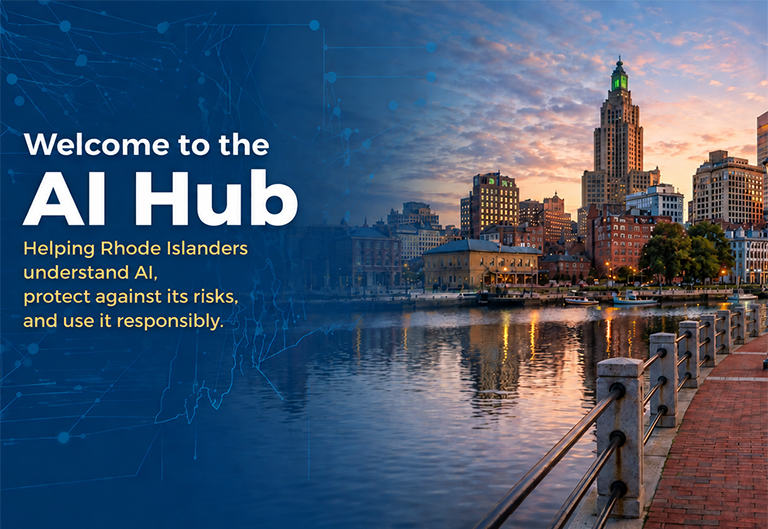 AI Hub representative image, including providence skyline and state outline with pin points, Welcome to the AI Hub: Helping Rhode Islanders understand AI, protect against its risks & use it responsibly.