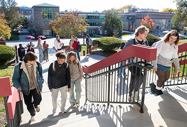 Students walking up outside stairs on campus