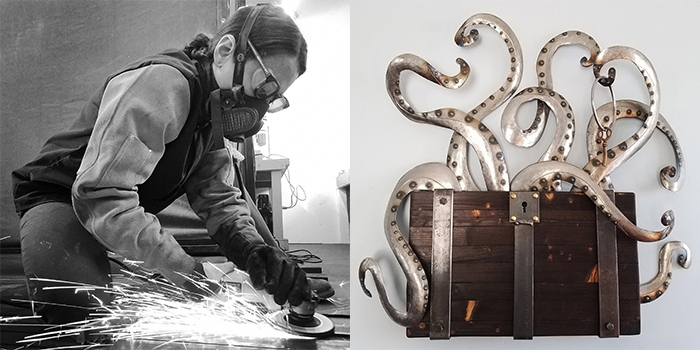 Rachel Paolino '06 at work and her sculpture "Escaping Octopus"