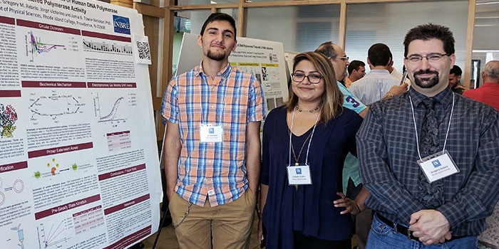 Towle-Weicksel's research group present their findings at a poster session. From left, Jorge Victorino ’19, Lisbeth Avalos ’18 and Gregory Rebelo ’18