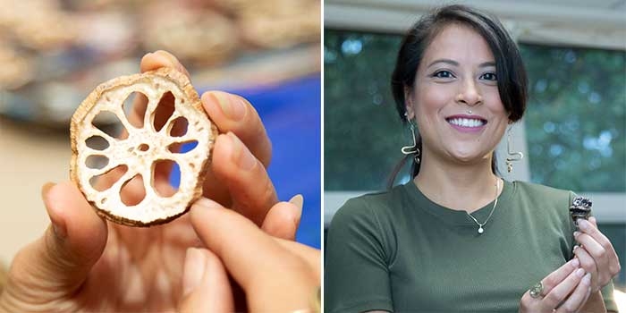 DiChiara prepares a piece of dehydrated food for electroplating (photo left), which will become metallized like the “Vietnamese Unicorn Ring” she holds (photo right) that was sculpted out of clay and then electroplated.​
