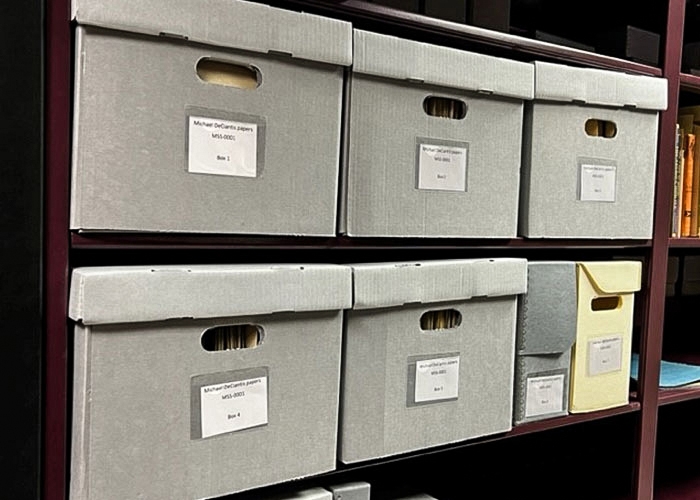 Storage boxes on shelves of Special Collections in library