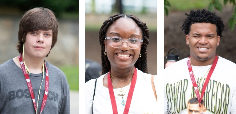 First-year student Brandon Hargreaves, Katifah Leonty, and Jaedin Calderon wearing orientation lanyards