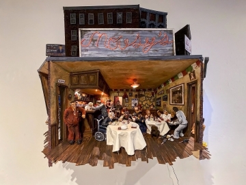 image of three-dimensional bar scene made out of wood, ceramic, and other mixed media