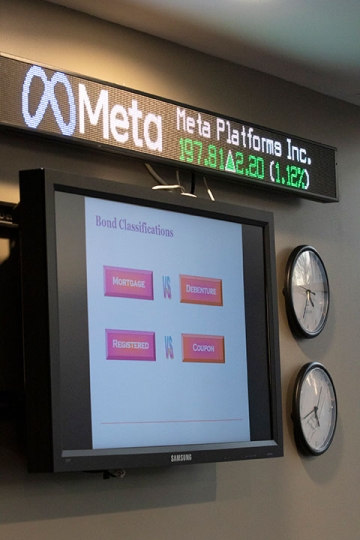 Wall ticker clocks and monitor in the Finance Lab