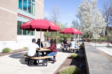 Students eating outside at picnic tables outside Donovan Dining Center