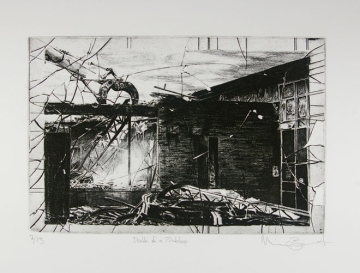 Black and white print of a wall with scaffolding
