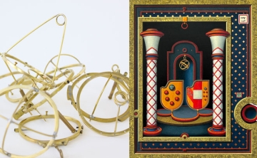 An abstract metal sculpture pile and an intricate and colorful illusionistic painting