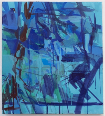 Abstract painting with varying strokes in blue, green, and brown