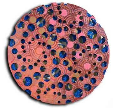 Metallic wall-hanging sculpture with pinks and blues