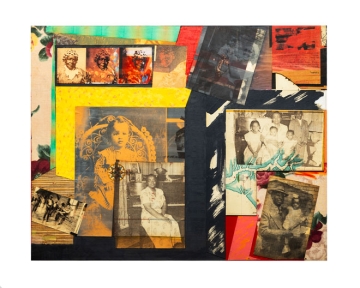 Collage work with old family photographs and bright yellow, red, orange, and green colors