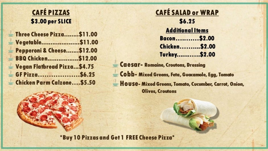 Second slide of The Cafe menu, which shows available pizzas, salads, and wraps.