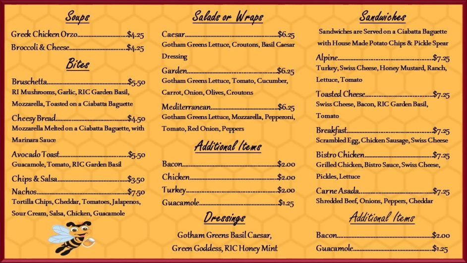 List of soups, bites, salads, wraps. and sandwiches available at The Beestro.