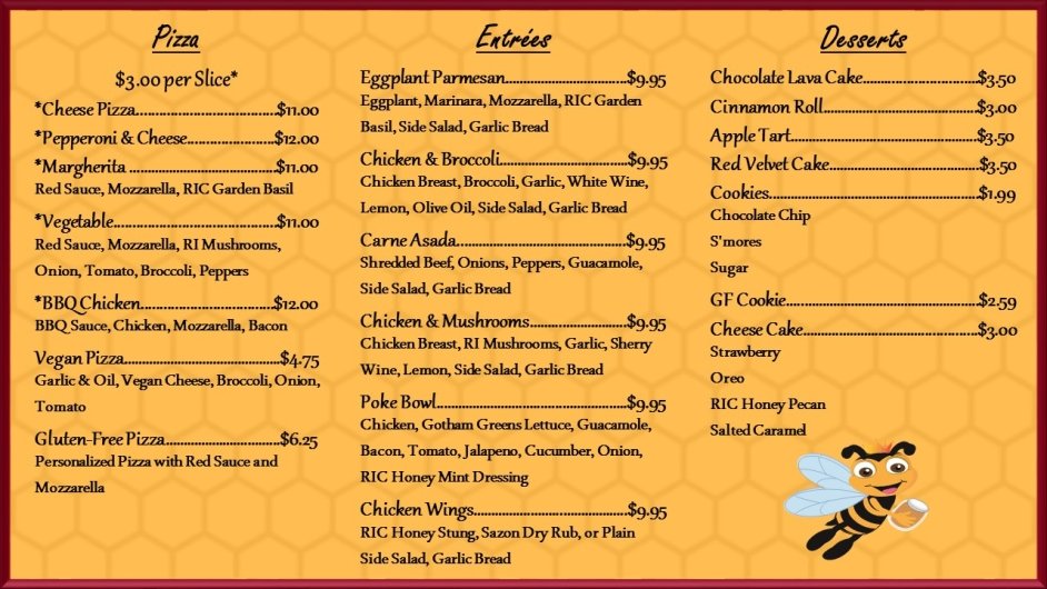 List of pizzas, entrees, and desserts available at The Beestro.