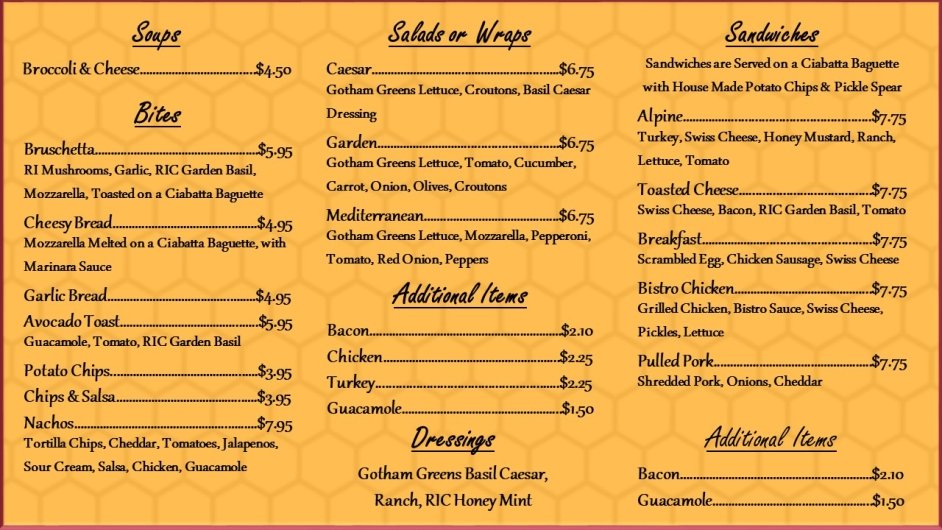 List of soups, bites, salads, wraps, and sandwiches available at The Beestro.