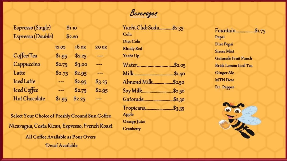 List of beverages available at The Beestro.