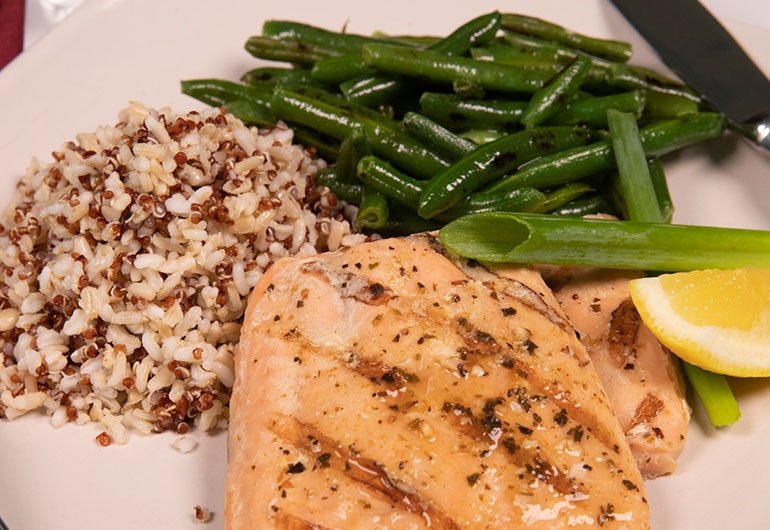 Fish with rice and vegetables from Donovan Dining Center