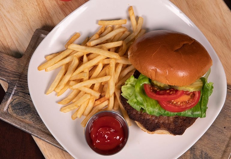 Hamburger and fries from Donovan Dining Center