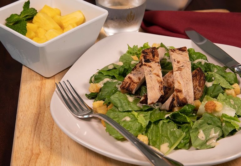 Chicken caesar salad and fruit from Donovan Dining Center
