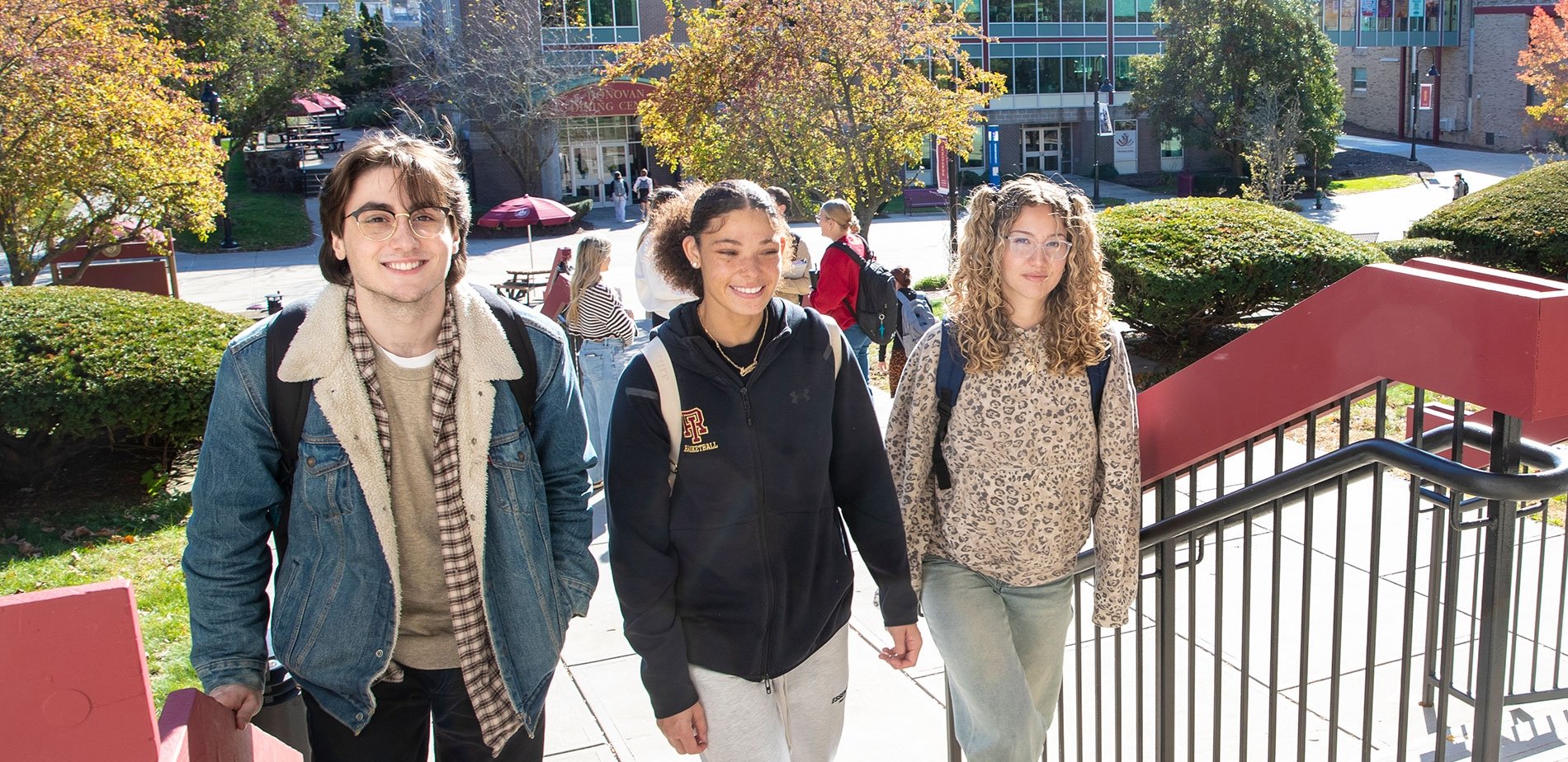 Students walking up exterior library steps