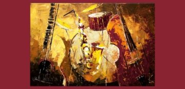 floating jazz instruments collage