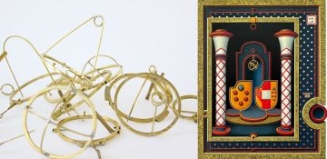 Sculpture of brass rings and renaissance-style painting