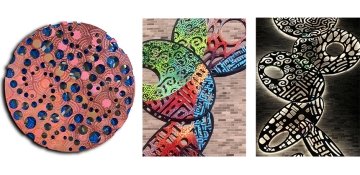 Three images of colorful round and oval sculptures