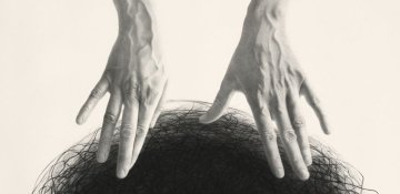 Charcoal drawing of a pair of hands over a dark mass of lines