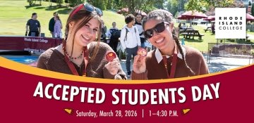 Accepted Students Day Graphic, with two students smiling and holding up I love RIC buttons