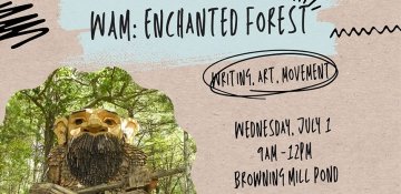 Writing, Art, Movement: Enchanted Forest event poster showing troll sculpture