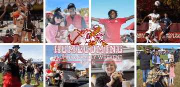 Homecoming photo collage with homecoming logo, featuring anchorman mascot, on top