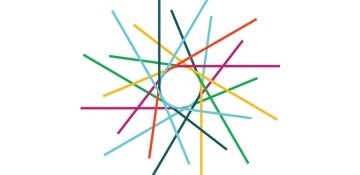 Abstract graphic of colorful intersecting lines around a white circle