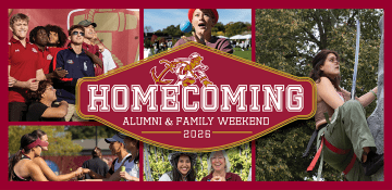 Homecoming: Alumni & Family Weekend 2026 logo with Anchorman symbol over top a 6 image collage