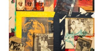 Collage work with old family photographs and bright yellow, red, orange, and green colors
