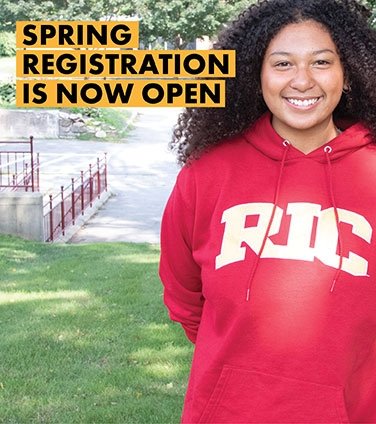 Smiling student in RIC sweatshirt in promotional graphic for spring registration