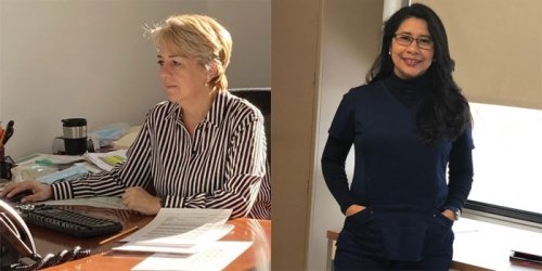 Maria Cristina Vallejo sitting at her office and Ester Eunice Juarez posing with her work clothing 