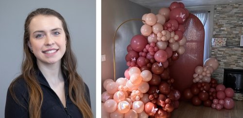 Samantha poses beside an image of balloons from floor to ceiling