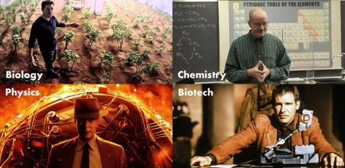 Images of sci-fi movies representing biology, chemistry, physics, and biotech
