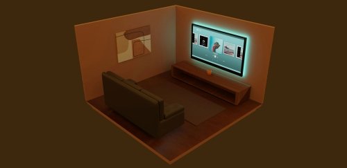 Digital rending of room with mounted tv and couch