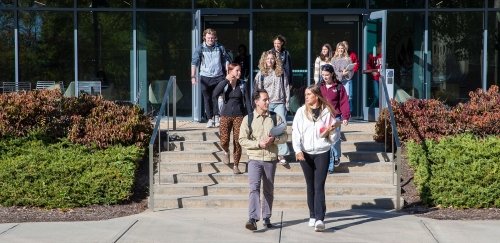 Students walking down steps of Gaige Hall