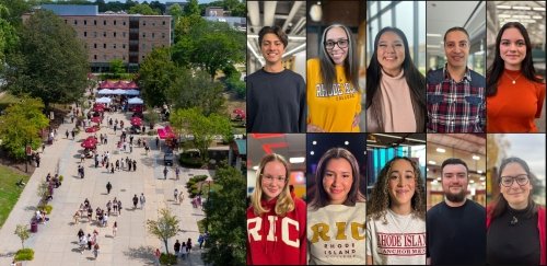 Students traversing busy RIC campus quad
