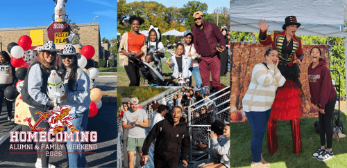 Collage of homecoming activities photos with Homecoming: Alumni & Family Weekend 2026 logo