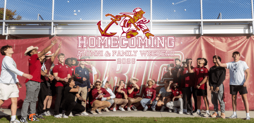 Student athletes reaching up to catch flying balls above their heads with homecoming: alumni & family weekend 2026 logo