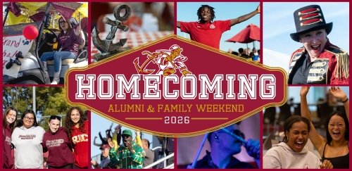 Homecoming: Alumni & Family Weekend 2026 logo with Anchorman symbol over top an 8 image collage