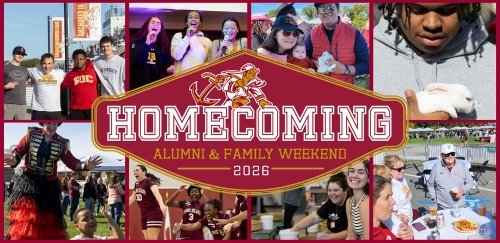 Homecoming: Alumni & Family Weekend 2026 logo with Anchorman symbol over top an 8 image collage